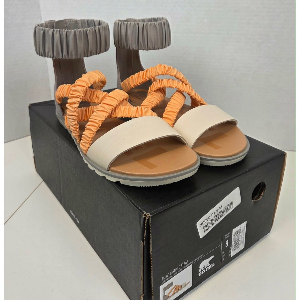 Sorel Ella II Ankle Strap Sandals Chrome Grey Faded Spark Orange Ruched Size 8
